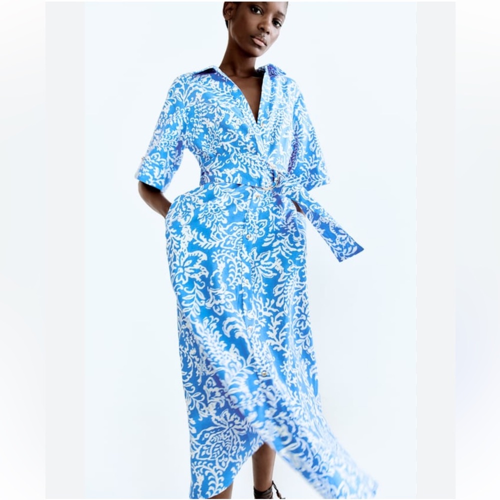 Zara Blue and White Floral Midi Dress - Picture 2 of 10